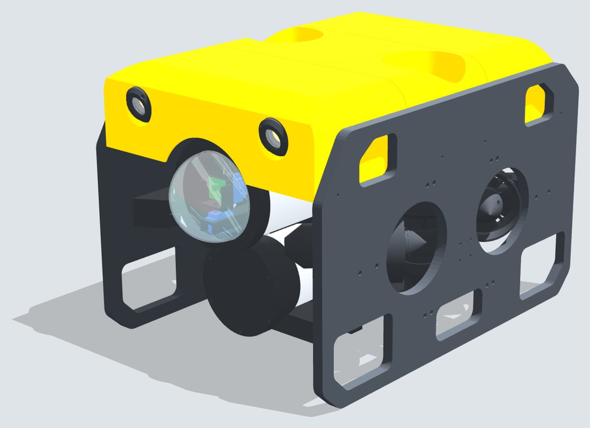 CAD render of the TinkerSub KB-1 ROV: yellow buoyancy block, acrylic camera dome, lights, and dark printed side frames housing the thrusters